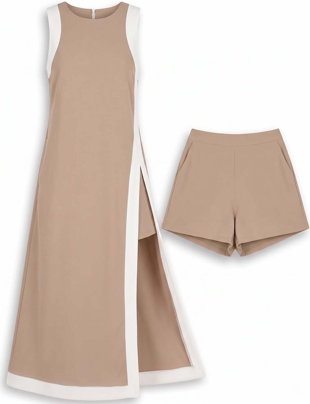Dsewpaur Women's 2 Piece Sets Maxi Dress Matching Shorts with Pockets, Khaki, Si